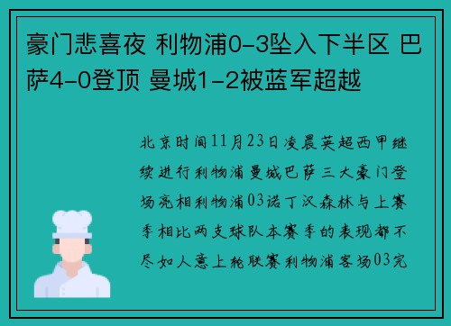 豪门悲喜夜 利物浦0-3坠入下半区 巴萨4-0登顶 曼城1-2被蓝军超越